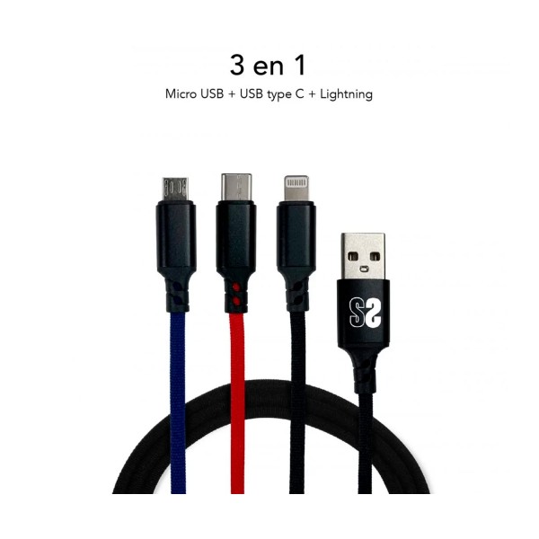 Subblim cable premium 3 en 1 usb-a a microusb + usb tipo c + lightning azul / rojo / negro