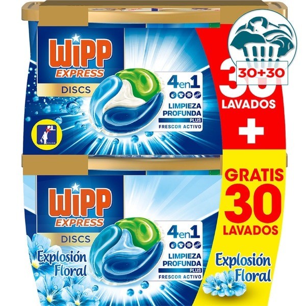Wipp Express detergente Limpieza Profunda 30 discos + Explosión Floral 30 discos GRATIS